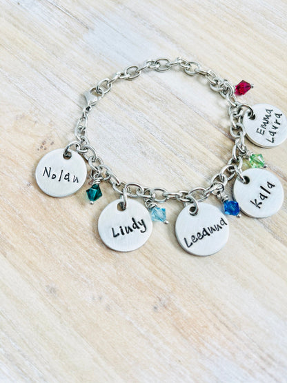Personalized Charm Bracelet Grandma Bracelet Grandchild Bracelet Handstamped Jewelry Birthstone Jewelry Mom Charm Bracelet Grandma Gift