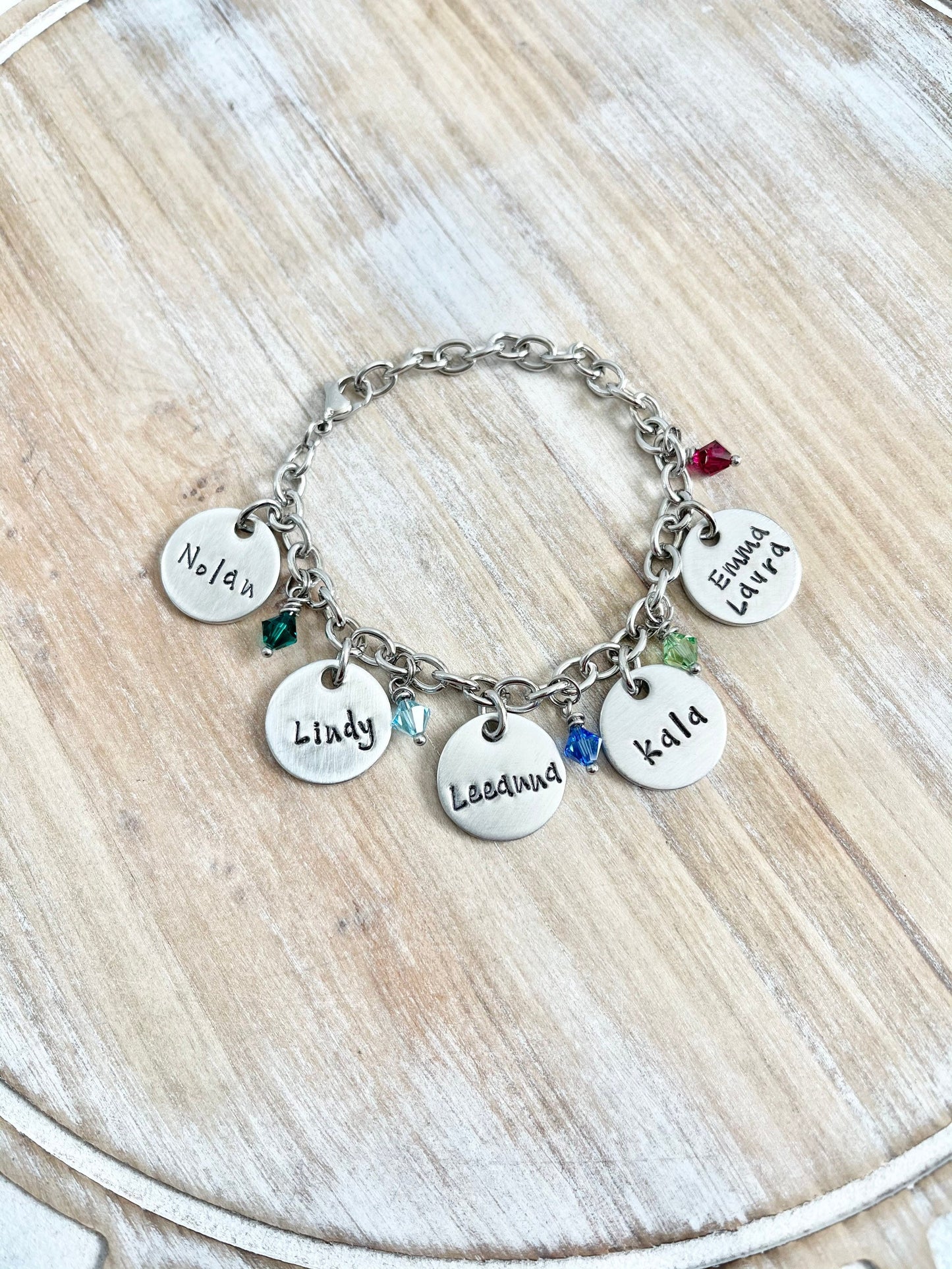Personalized Charm Bracelet Grandma Bracelet Grandchild Bracelet Handstamped Jewelry Birthstone Jewelry Mom Charm Bracelet Grandma Gift