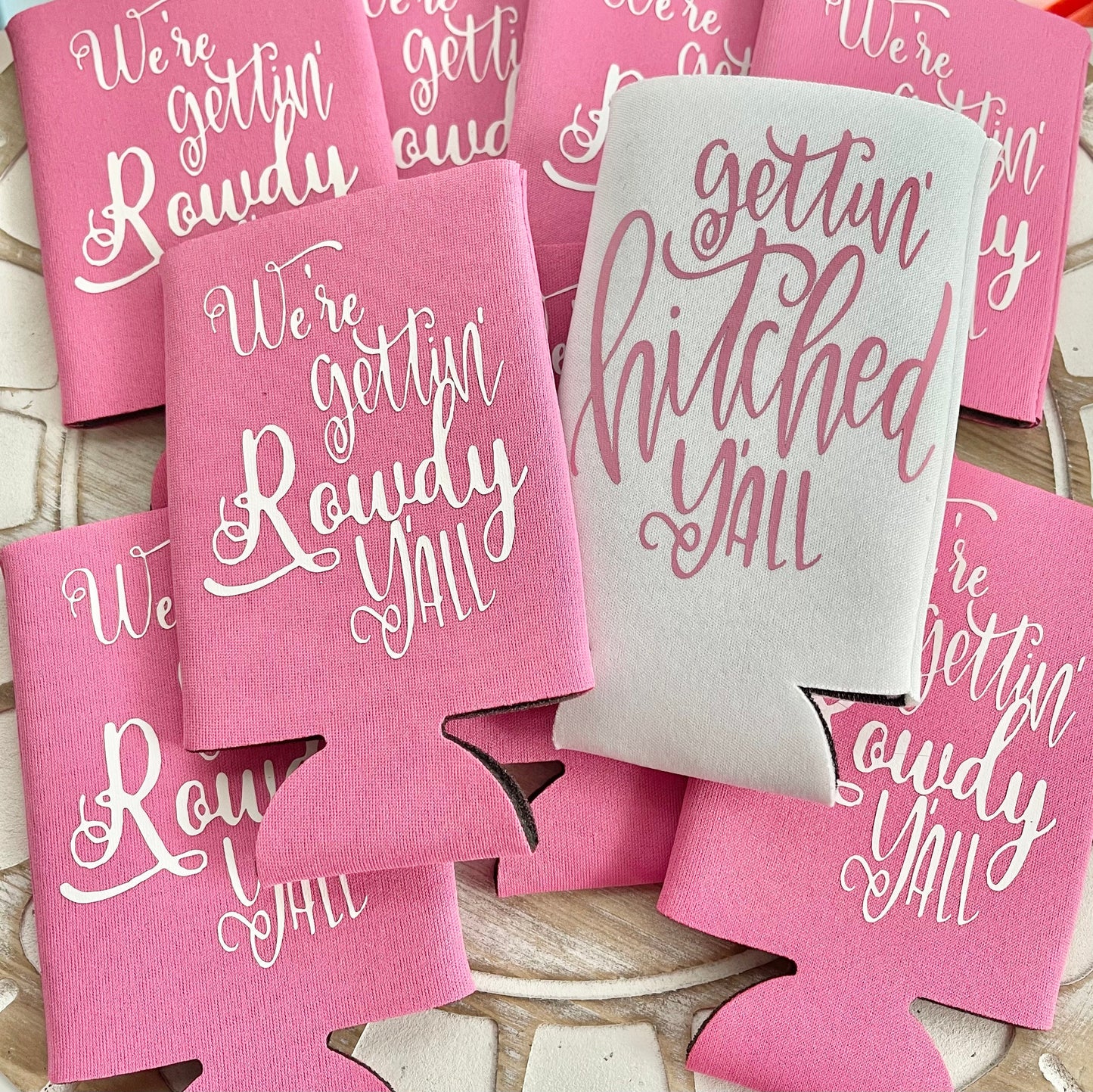 Personalized Country Bachelorette Skinny Can Cooler: Gettin' Hitched Favor