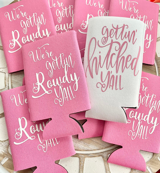 Personalized Country Bachelorette Skinny Can Cooler: Gettin' Hitched Favor