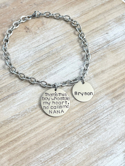Nana Bracelet Theres this boy who stole my heart Handstamped Bracelet Personalize Jewelry Mothers Day Gift Grandma Jewelry Custom Bracelet