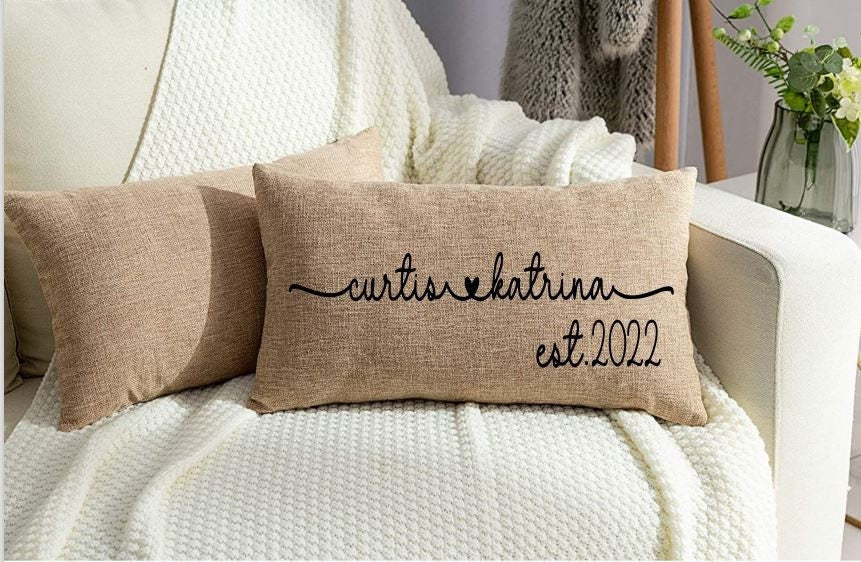 Personalized Burlap Pillow Cover: Rustic Wedding, Newlywed Gift (12x20”)