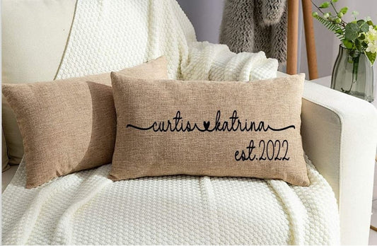 Personalized Burlap Pillow Cover: Rustic Wedding, Newlywed Gift (12x20”)