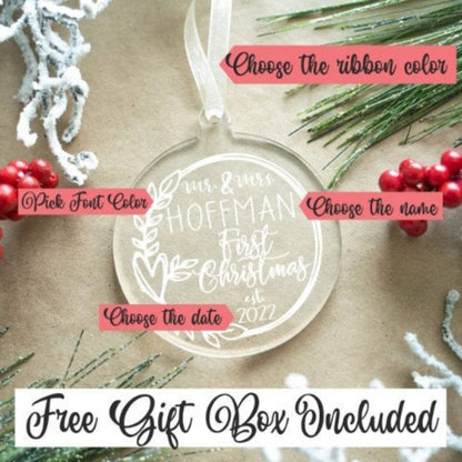 Personalized Christmas ornament with customizable text on a decorative background