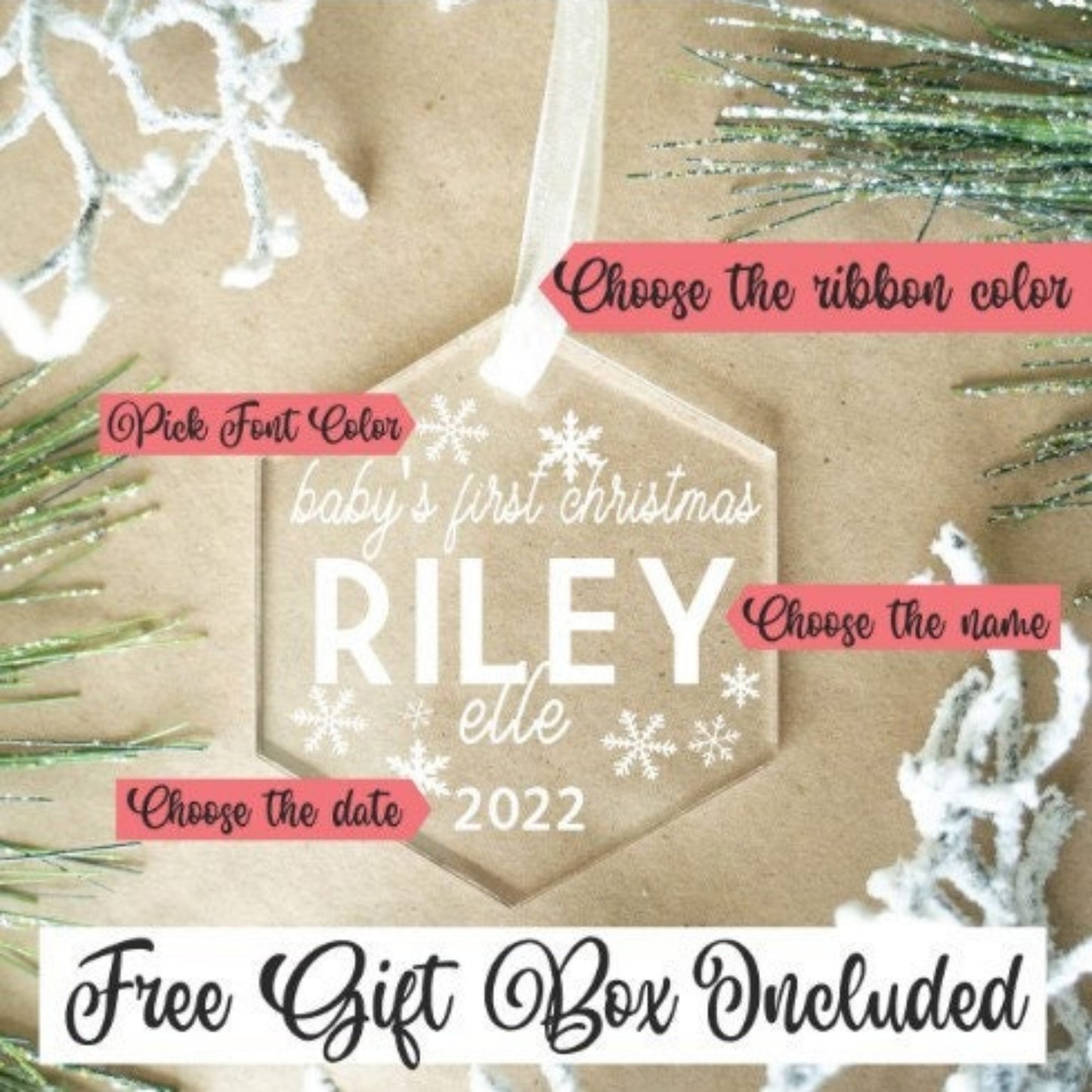 Personalized baby's first Christmas ornament with customizable text on a decorative background.