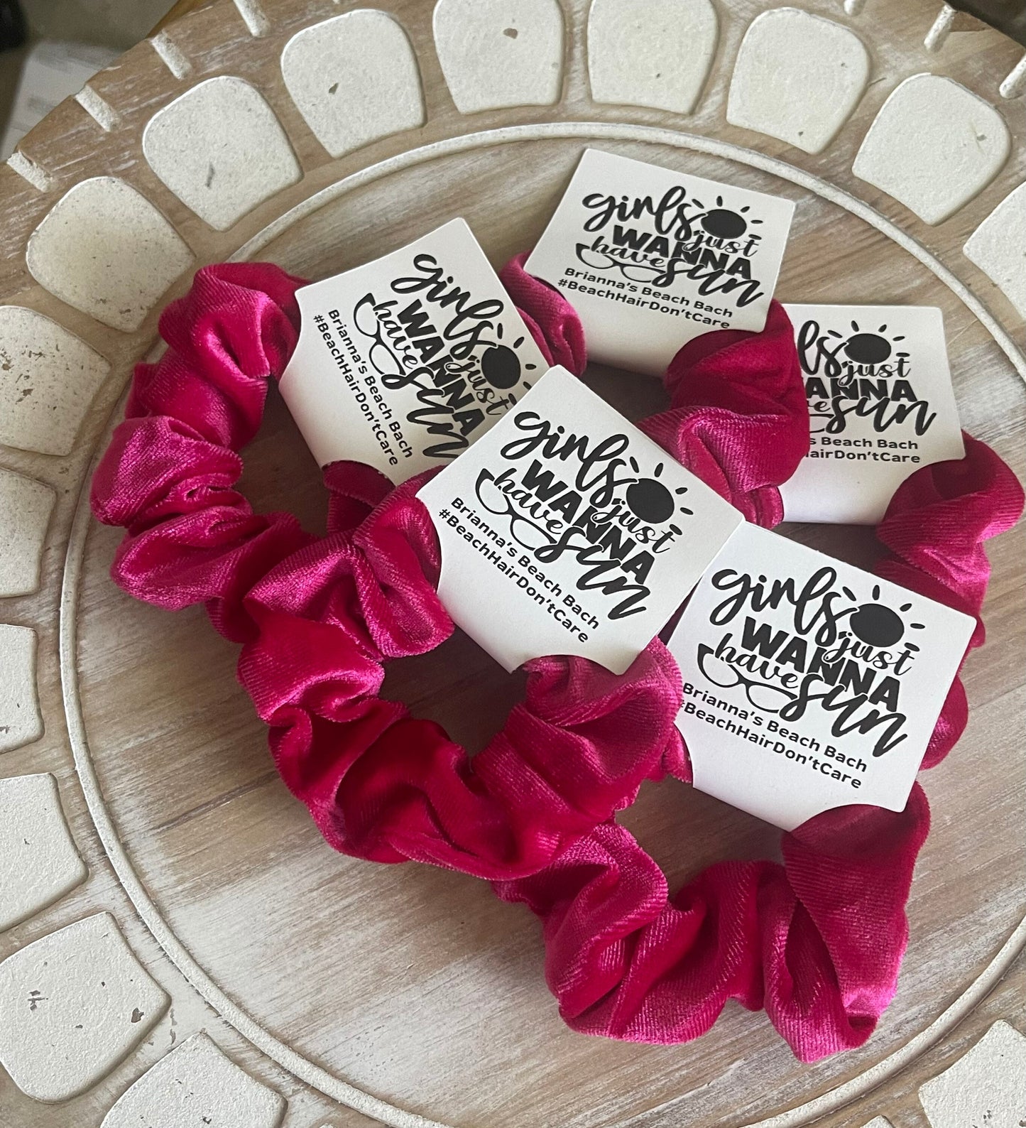 Beach Bachelorette Party Favors: Velvet Scrunchie Hair Tie with Custom Tag