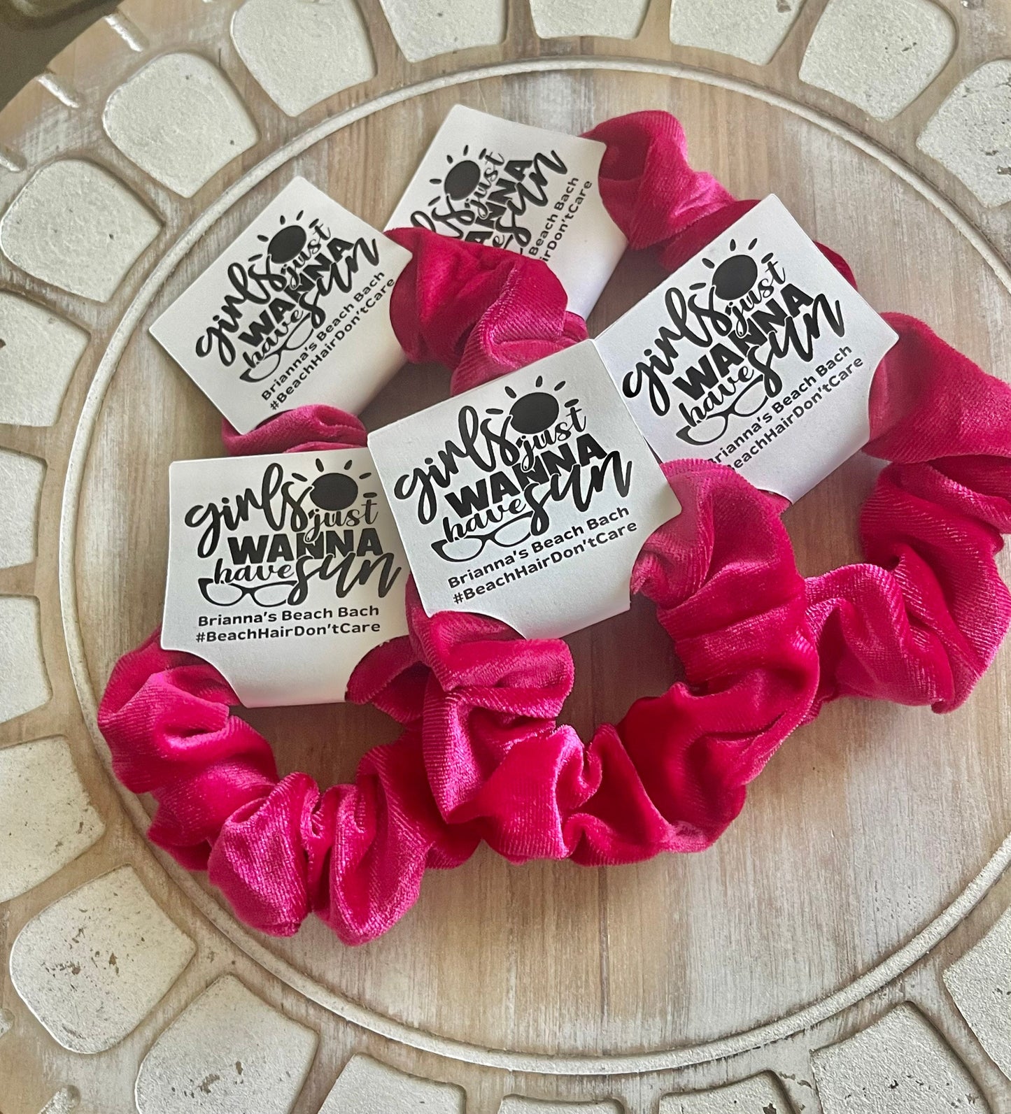 Beach Bachelorette Party Favors: Velvet Scrunchie Hair Tie with Custom Tag