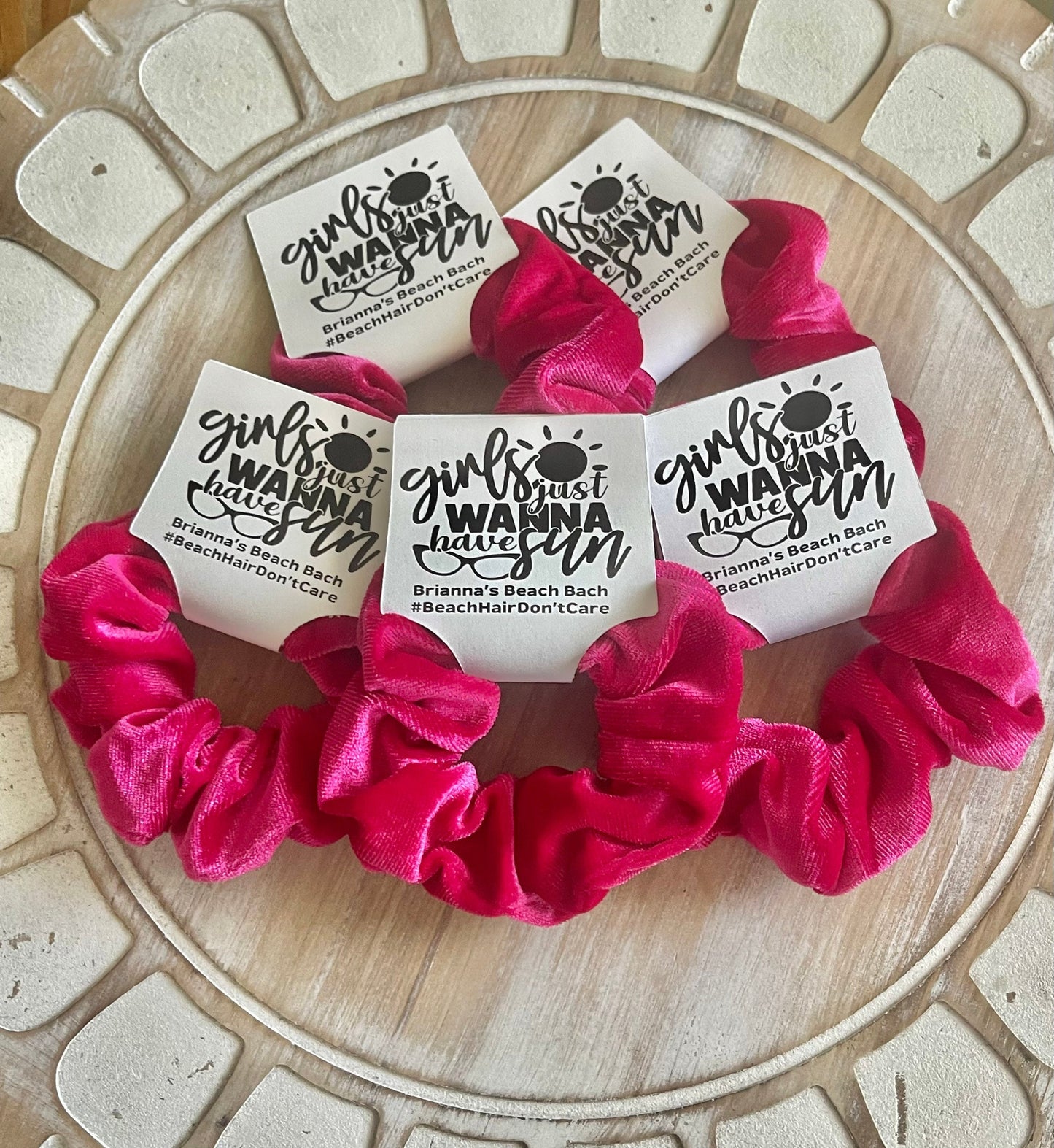 Beach Bachelorette Party Favors: Velvet Scrunchie Hair Tie with Custom Tag
