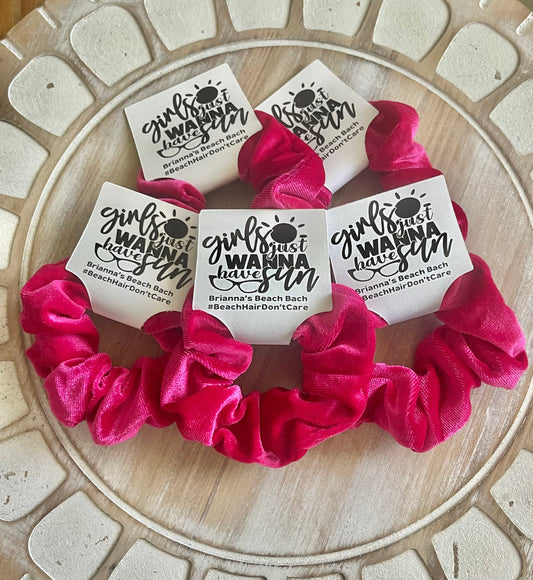 Beach Bachelorette Party Favors: Velvet Scrunchie Hair Tie with Custom Tag