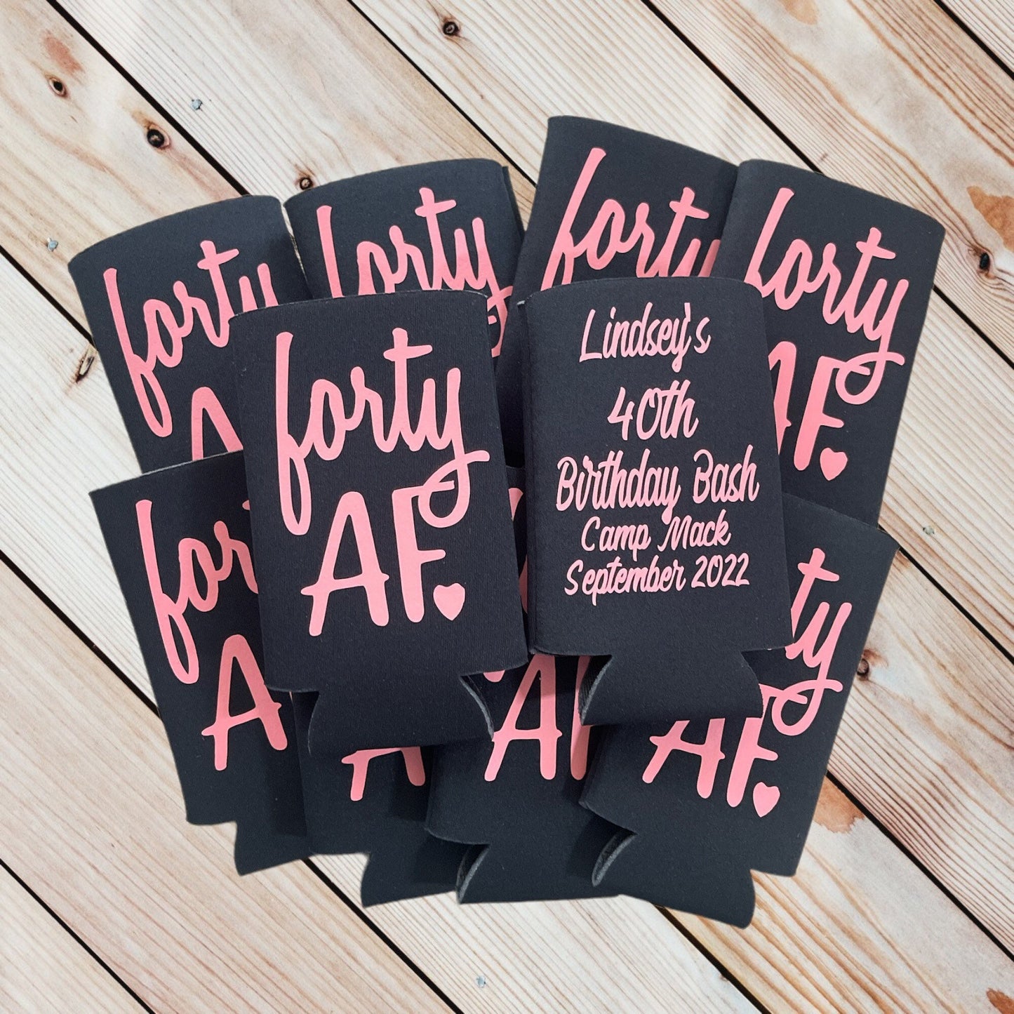 Personalized 40th Birthday Can Coolers: 'Forty AF' Party Favors