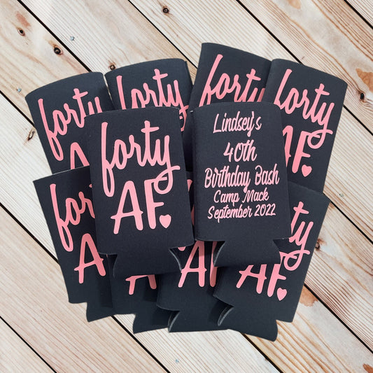 Personalized 40th Birthday Can Coolers: 'Forty AF' Party Favors