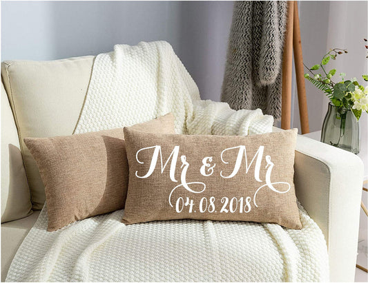 Personalized Mr and Mr Burlap Wedding Pillow Cover - LGBT Gift