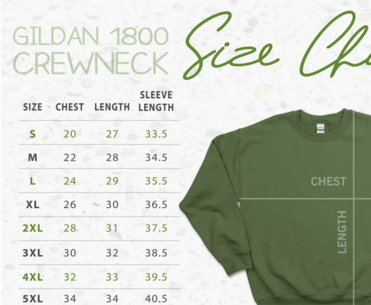 Gildan 1800 Crewneck size chart with a green sweatshirt on a light background
