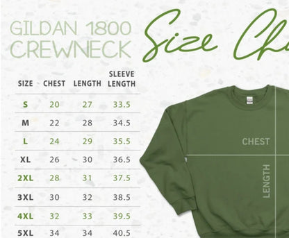 Gildan 1800 Crewneck size chart with a green sweatshirt on a light background