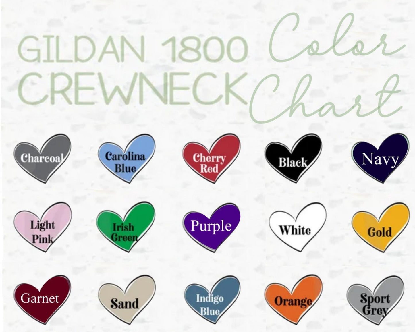 Gildan 1800 Color Chart with heart-shaped color swatches on a white background