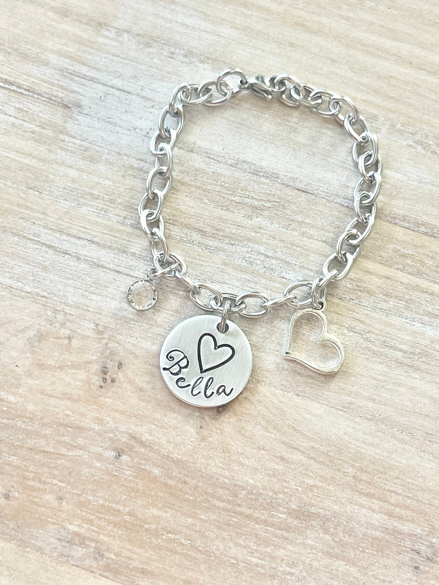 Girls Charm Bracelet Handstamped Bracelet Heart Bracelet Personalized Bracelet Charm Bracelet Bracelet for Girl Birthstone Jewelry Birthday