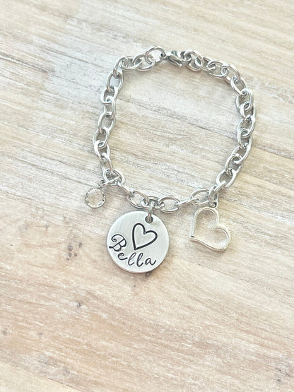 Girls Charm Bracelet Handstamped Bracelet Heart Bracelet Personalized Bracelet Charm Bracelet Bracelet for Girl Birthstone Jewelry Birthday