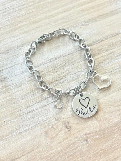 Girls Charm Bracelet Handstamped Bracelet Heart Bracelet Personalized Bracelet Charm Bracelet Bracelet for Girl Birthstone Jewelry Birthday