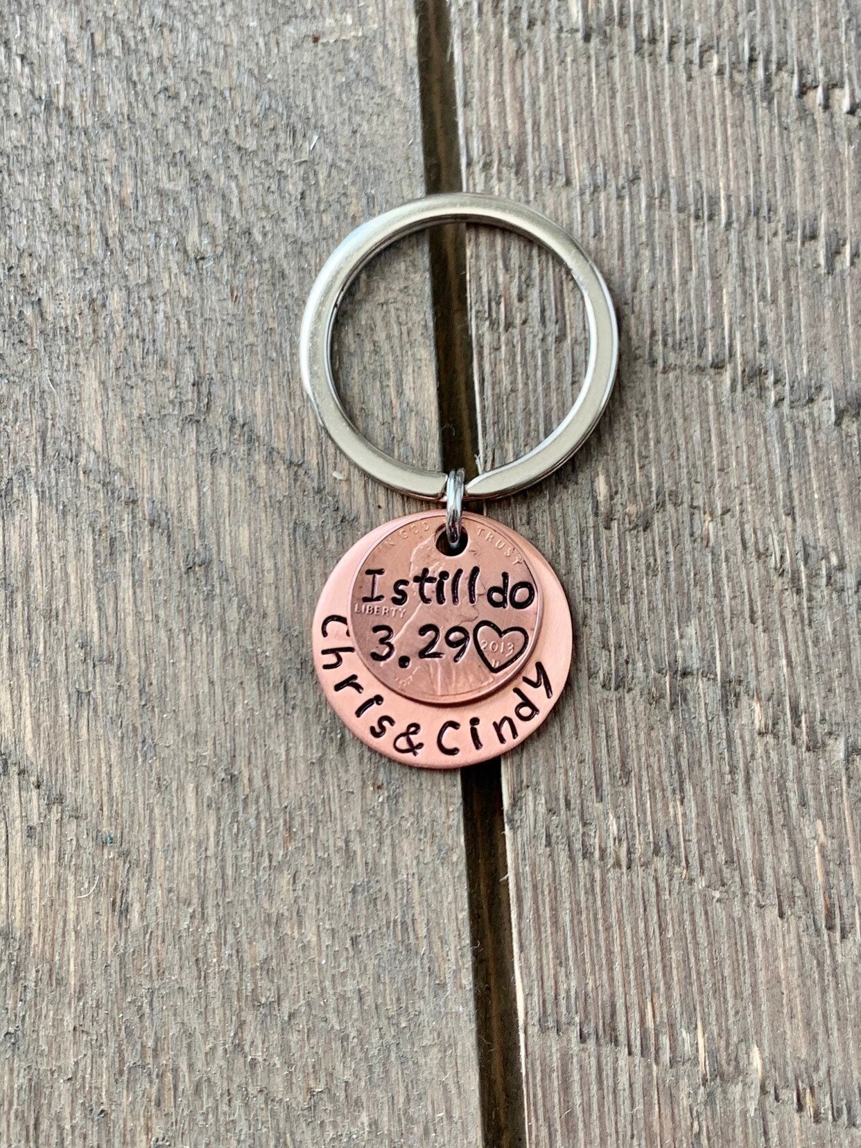 Custom Penny Keychain “I Still Do” | Anniversary Gift for Husband or Wife | Hand-Stamped Copper Disc with Names & Date