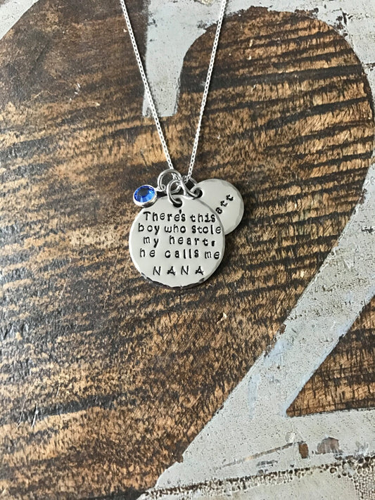 Mimi Necklace Theres this boy who stole my heart Handstamped Necklace Personalize Jewelry Mothers Day Gift Grandma Jewelry Custom Necklace