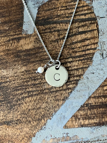 Tiny Initial Necklace Silver Letter Necklace Layering Charm Necklace Bridesmaid Jewelry Gift for Mom Initial Jewelry with Pearl Dangle