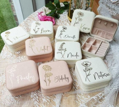 Personalized Travel Jewelry Box: Vegan Leather, Birth Flower Design