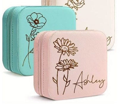 Personalized Travel Jewelry Box: Vegan Leather, Birth Flower Design