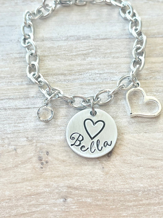 Girls Charm Bracelet Handstamped Bracelet Heart Bracelet Personalized Bracelet Charm Bracelet Bracelet for Girl Birthstone Jewelry Birthday