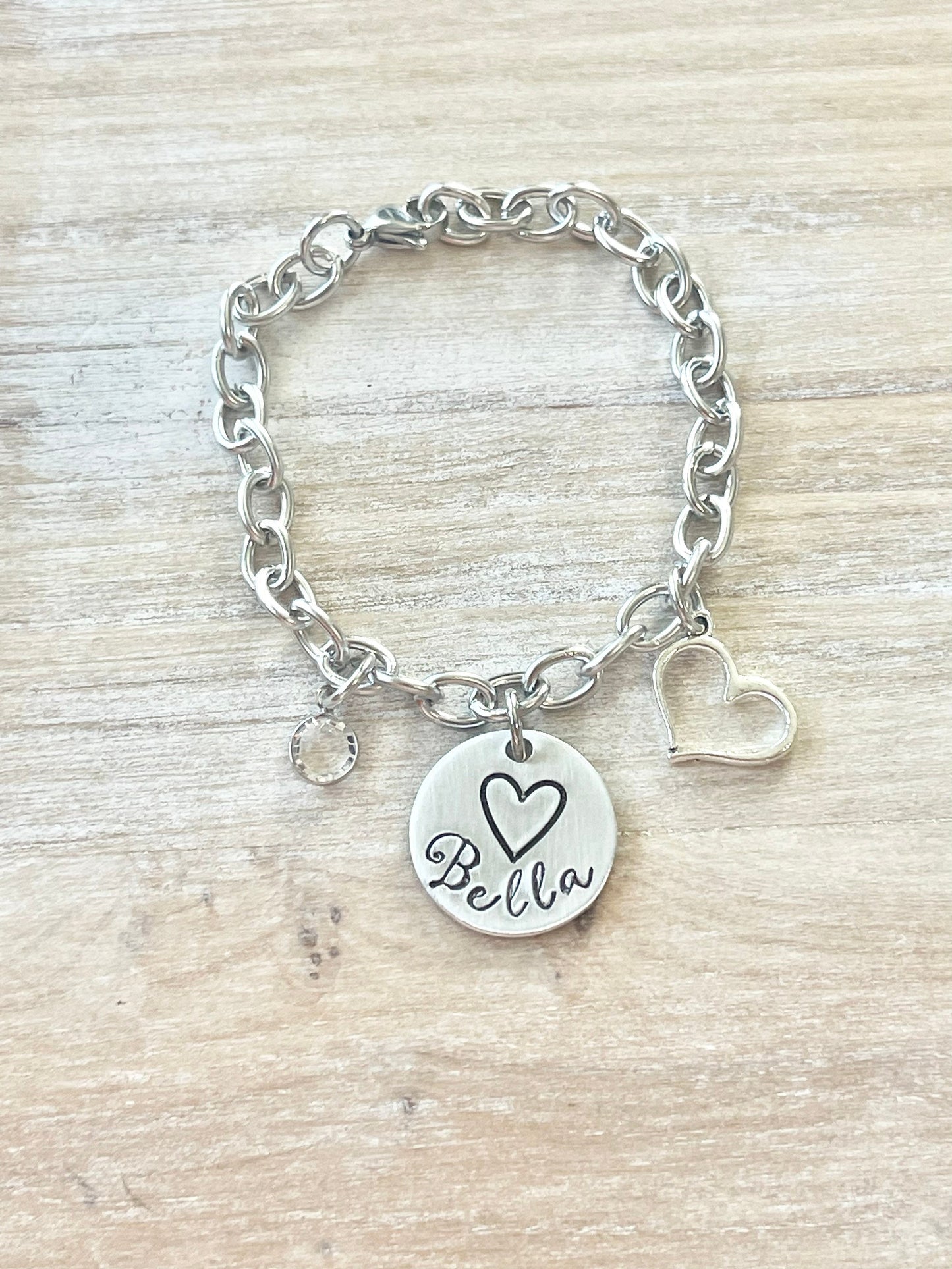 Girls Charm Bracelet Handstamped Bracelet Heart Bracelet Personalized Bracelet Charm Bracelet Bracelet for Girl Birthstone Jewelry Birthday