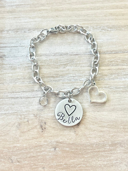 Girls Charm Bracelet Handstamped Bracelet Heart Bracelet Personalized Bracelet Charm Bracelet Bracelet for Girl Birthstone Jewelry Birthday