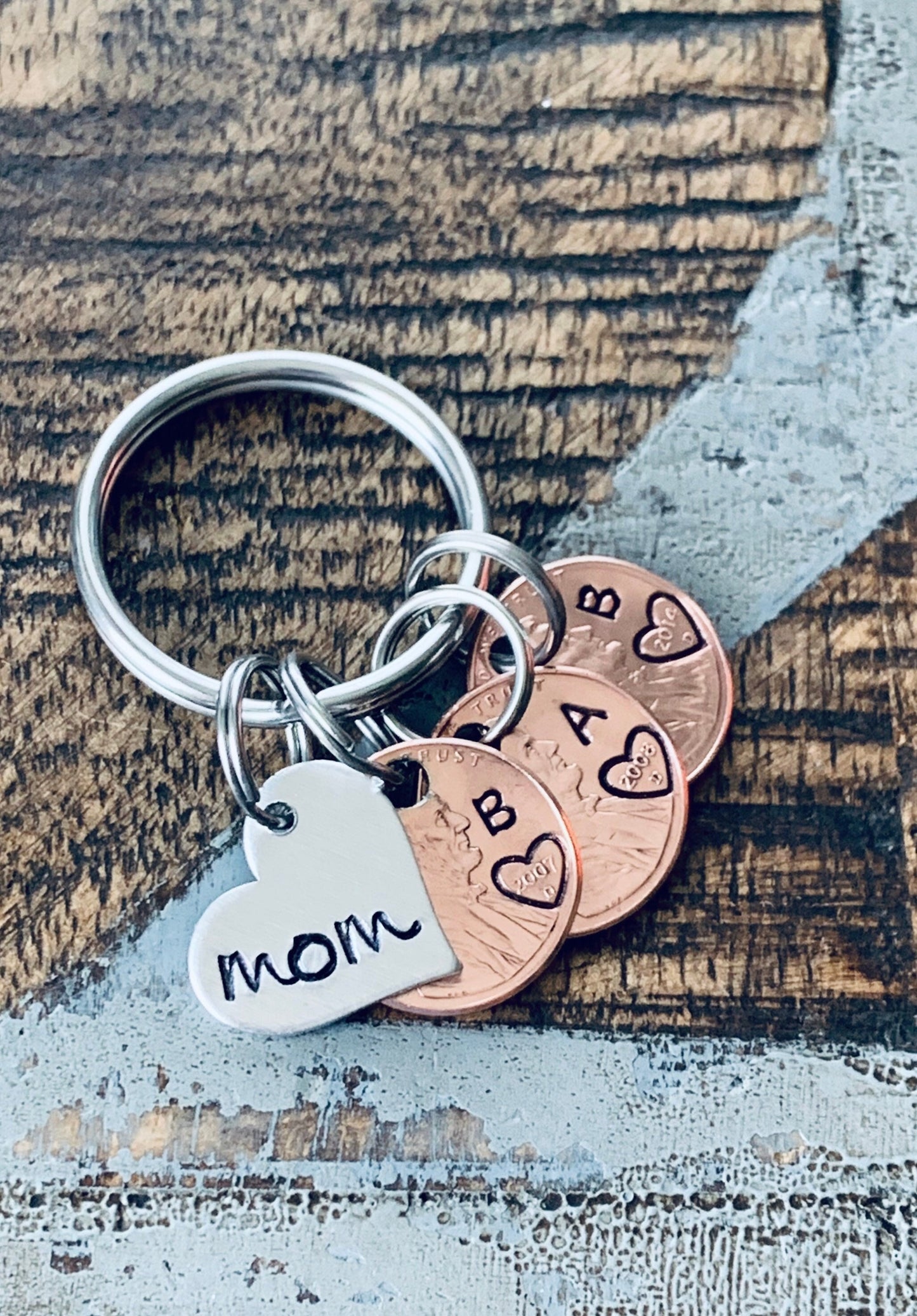 Mom Penny Keychain Personalized Keychain with Year and initials Mom Gift Nana Keychain Mimi Gift Custom Pennies Hand Stamped Penny Keychain