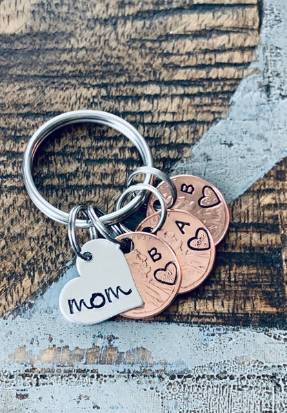 Mom Penny Keychain Personalized Keychain with Year and initials Mom Gift Nana Keychain Mimi Gift Custom Pennies Hand Stamped Penny Keychain