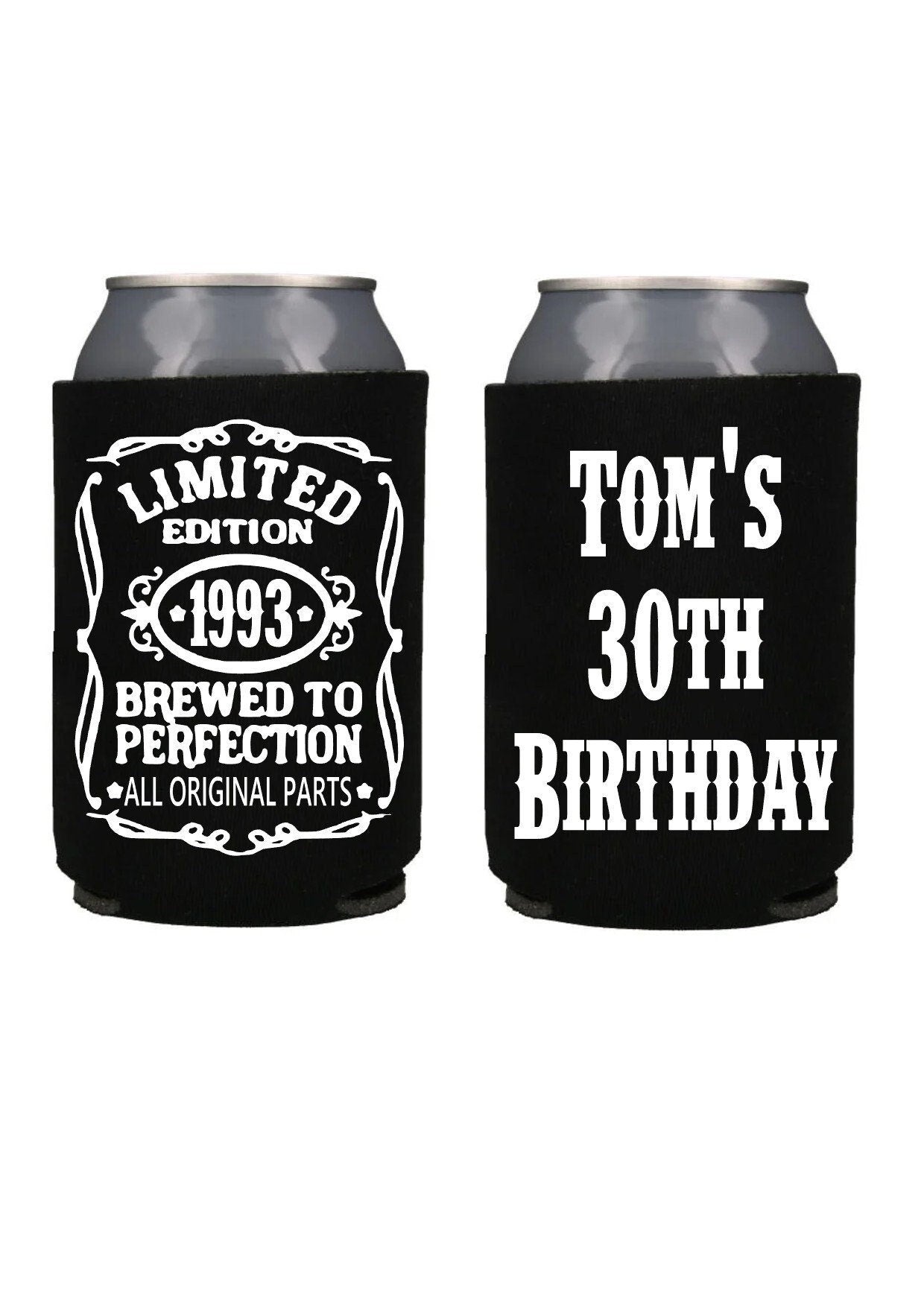 Personalized 30th Birthday Can Cooler: Whiskey Label Bachelor Party Favor
