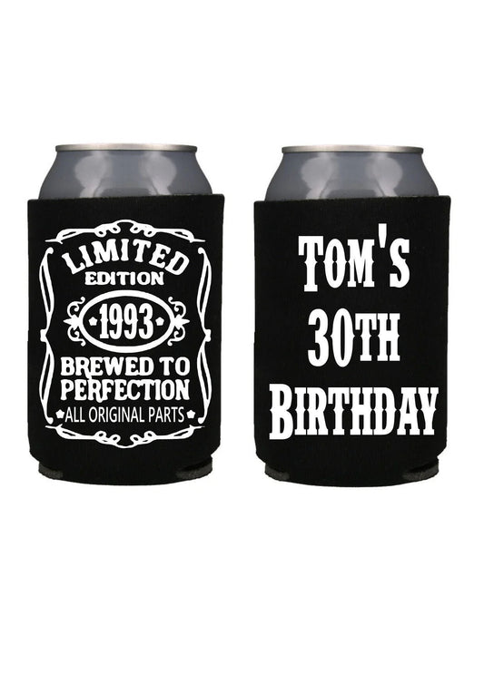 Personalized 30th Birthday Can Cooler: Whiskey Label Bachelor Party Favor