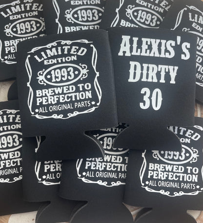 30th Birthday koozie – Limited Edition Can Cooler, Brewed to Perfection, Custom Name Birthday Favor for Men