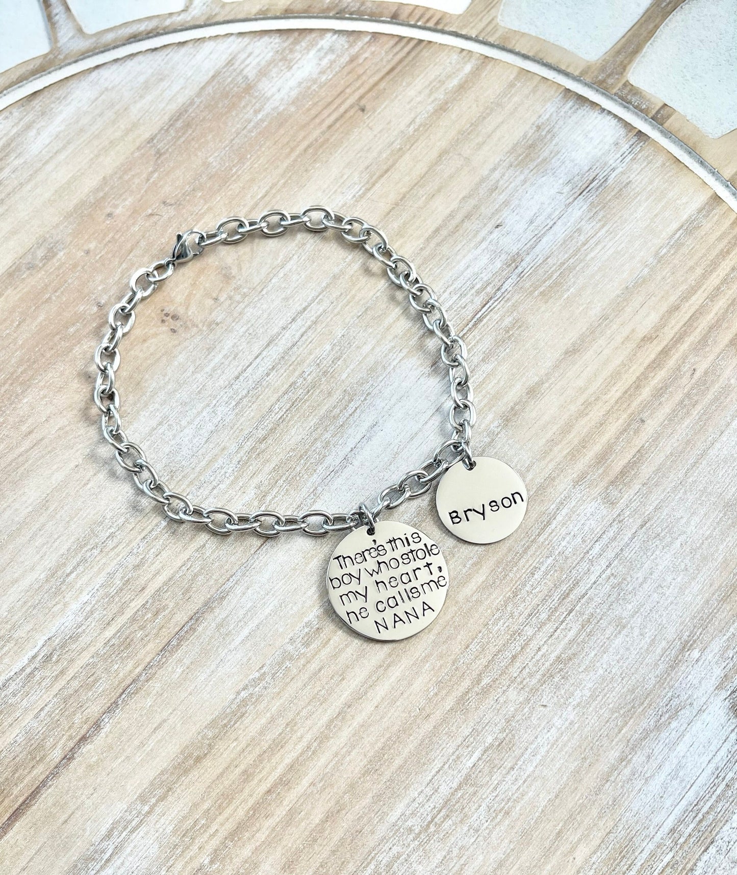 Nana Bracelet Theres this boy who stole my heart Handstamped Bracelet Personalize Jewelry Mothers Day Gift Grandma Jewelry Custom Bracelet