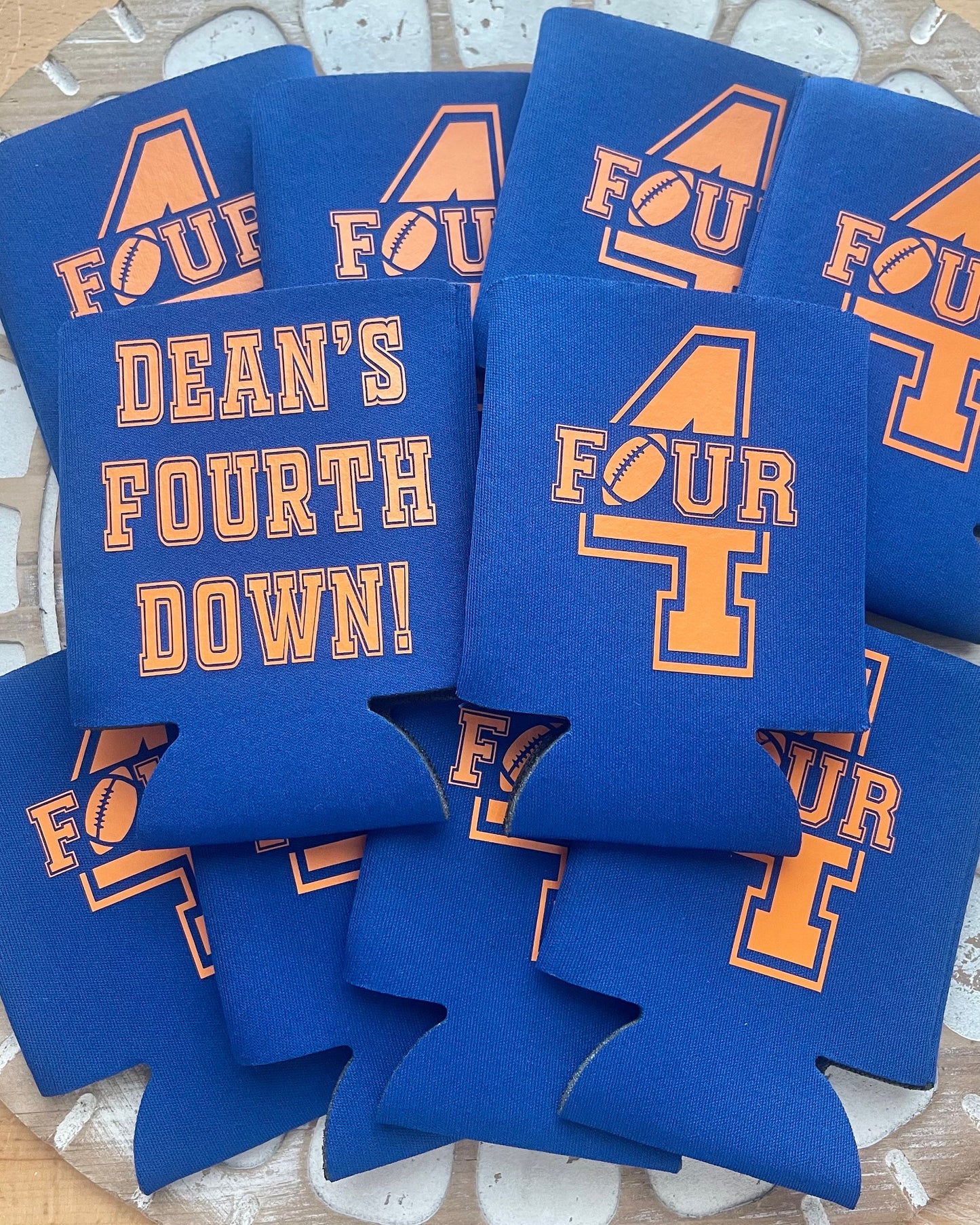 Personalized Football 4th Birthday Can Coolers: Fourth Year Down Favors