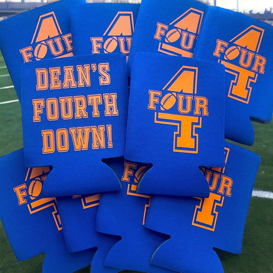 Personalized Football 4th Birthday Can Coolers: Fourth Year Down Favors