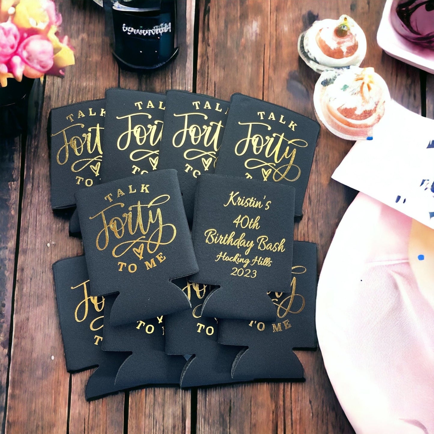 Personalized 40th Birthday Can Coolers: "Talk 40 to Me" Party Favors