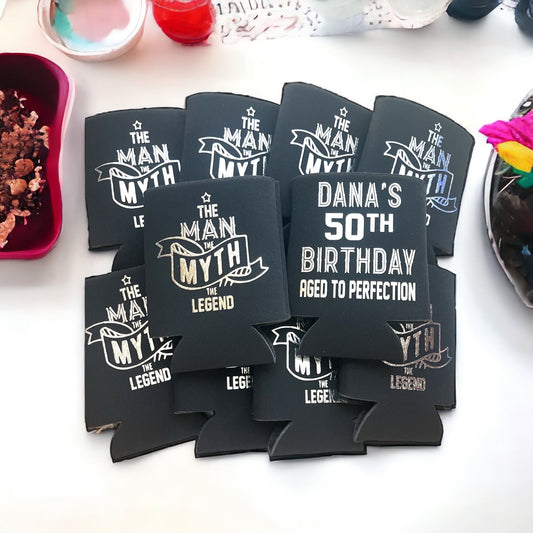 50th Birthday Can Coolers: The Man, The Myth, The Legend Favors