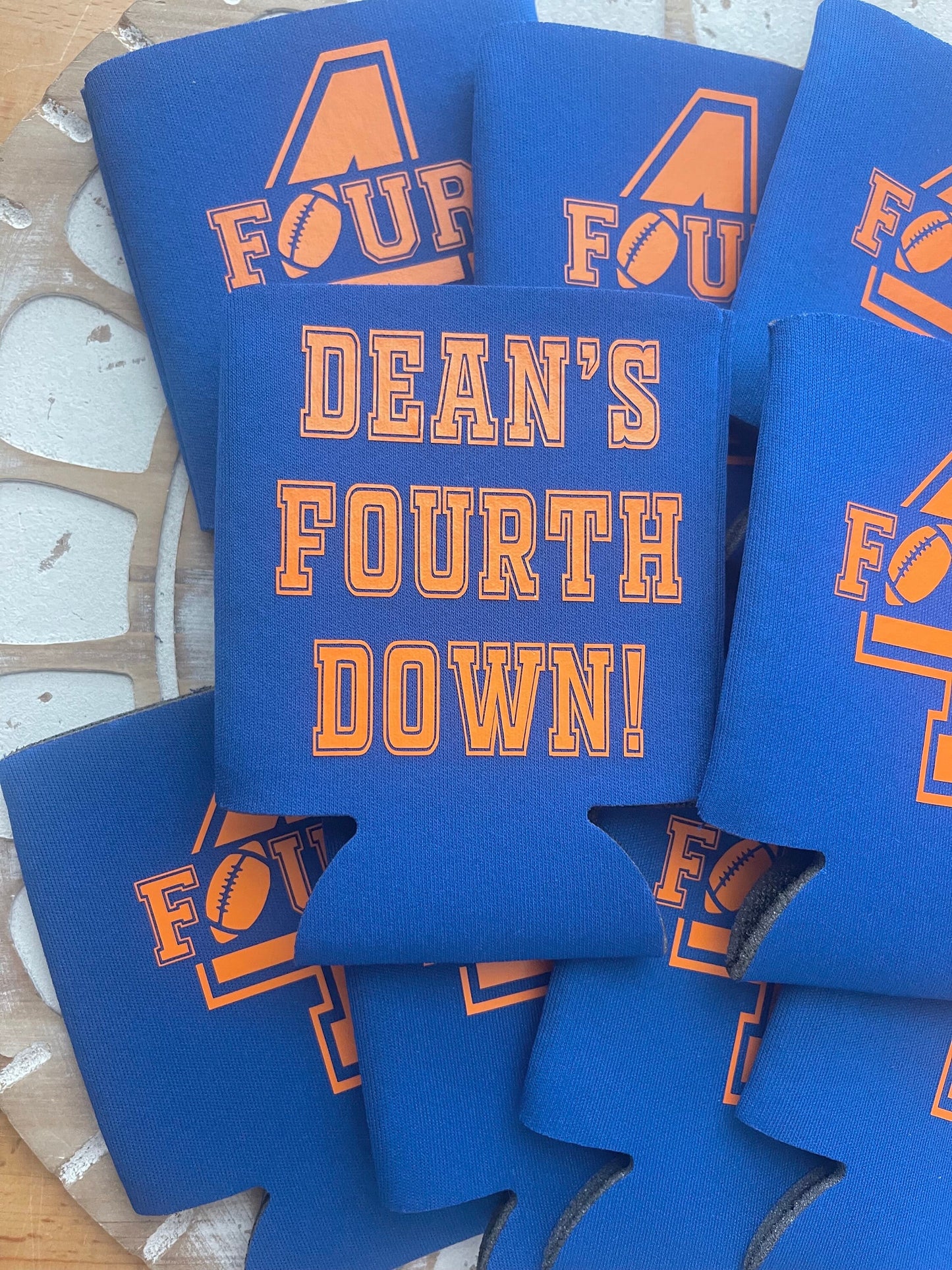 Personalized Football 4th Birthday Can Coolers: Fourth Year Down Favors