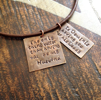 Mens Necklace Husband Necklace Handstamped Necklace Daddy Necklace Dad Jewelry Leather Necklace Natural Brass Necklace