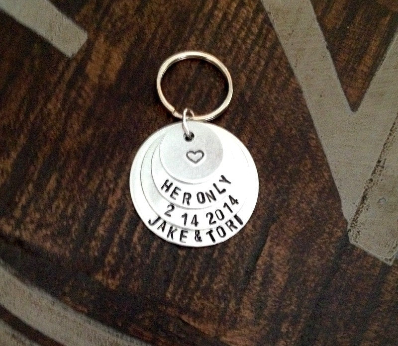 Her Only Keychain Handstamped Keychain Personalize Gift Gift for the Groom Wedding Gift Couples Keychain Anniversary Keychain Valentines Day