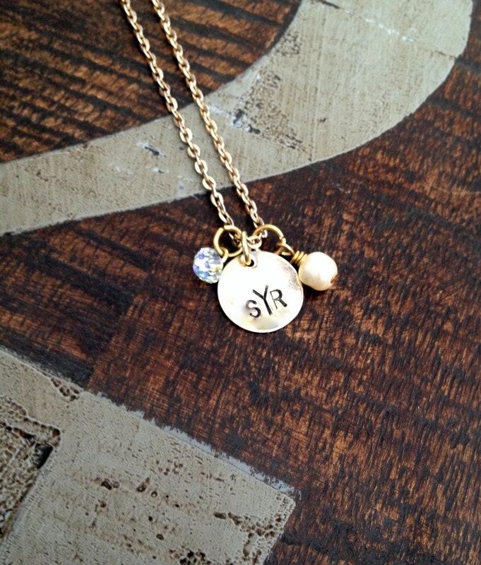 Monogram Necklace Gold Handstamped Necklace Initial Necklace Gold Necklace Personalized Necklace Gold Jewelry Bridesmaid Gift