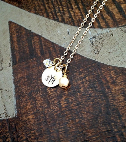 Monogram Necklace Gold Handstamped Necklace Initial Necklace Gold Necklace Personalized Necklace Gold Jewelry Bridesmaid Gift