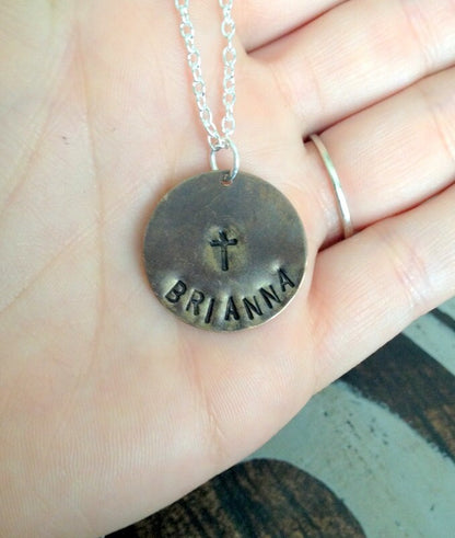 Girls Handstamped Necklace Girls Cross Necklace Girls Necklace Personalized Necklace Gift for Daughter Birthday Gift Easter Gift Communion
