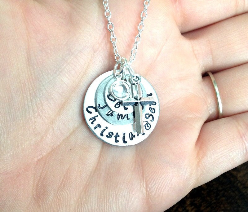 Mom Necklace Heart Necklace Handstamped Mother Necklace Handstamped Jewelry Cross Jewelry Wife Necklace Gift for Wife Gift for Mom