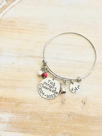 Cheerleader Bangle Varsity Cheerleader Handstamped Cheerleading Bracelet Gift for Cheerleader Megaphone Bangle Custom Bracelet Cheer Gift
