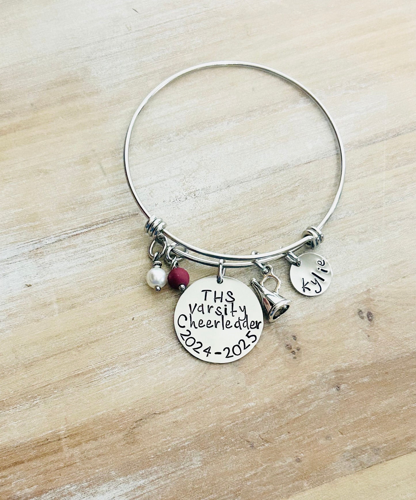 Cheerleader Bangle Varsity Cheerleader Handstamped Cheerleading Bracelet Gift for Cheerleader Megaphone Bangle Custom Bracelet Cheer Gift