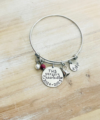 Cheerleader Bangle Varsity Cheerleader Handstamped Cheerleading Bracelet Gift for Cheerleader Megaphone Bangle Custom Bracelet Cheer Gift